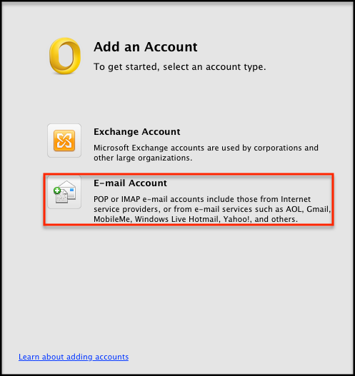 where is email accounts in outlook 2011 for mac